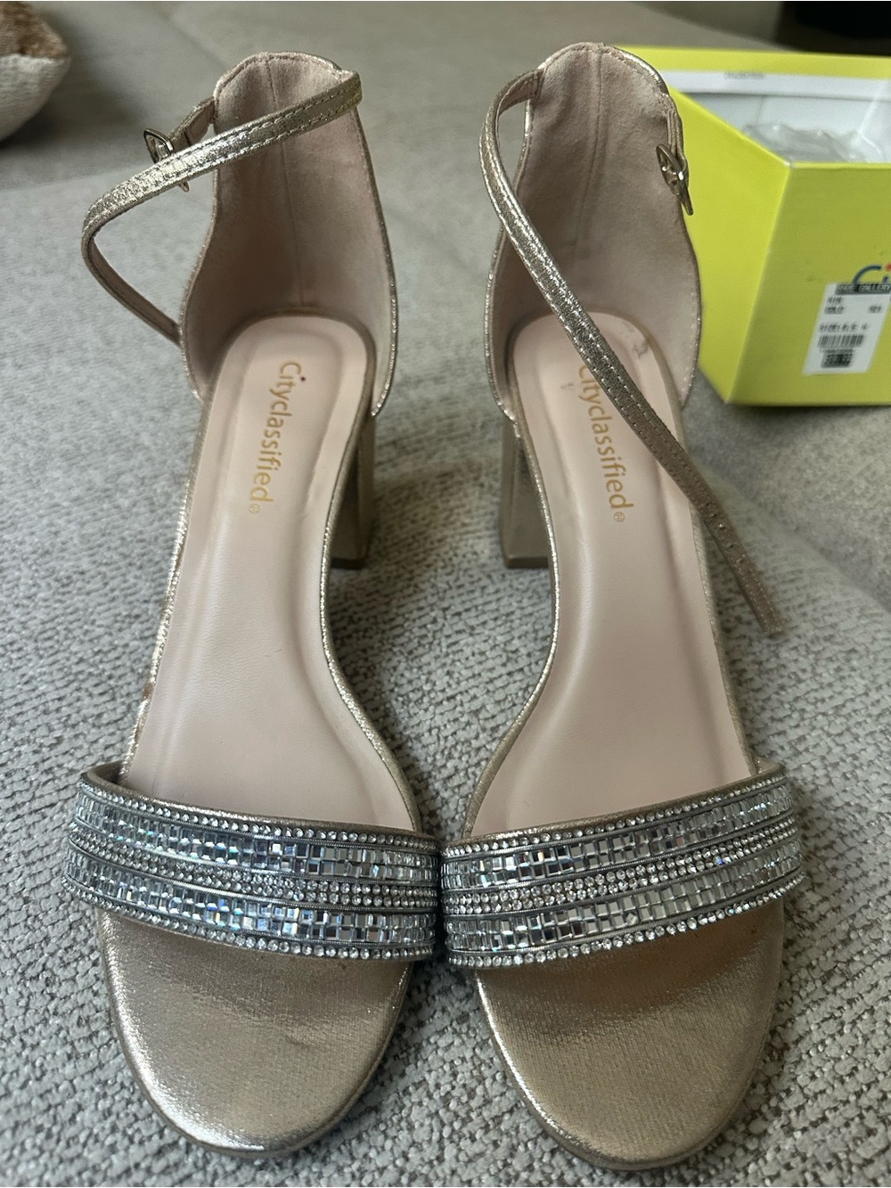 Cityclassified Metallic Gold Ankle-Strap Block Heels with Crystal Band